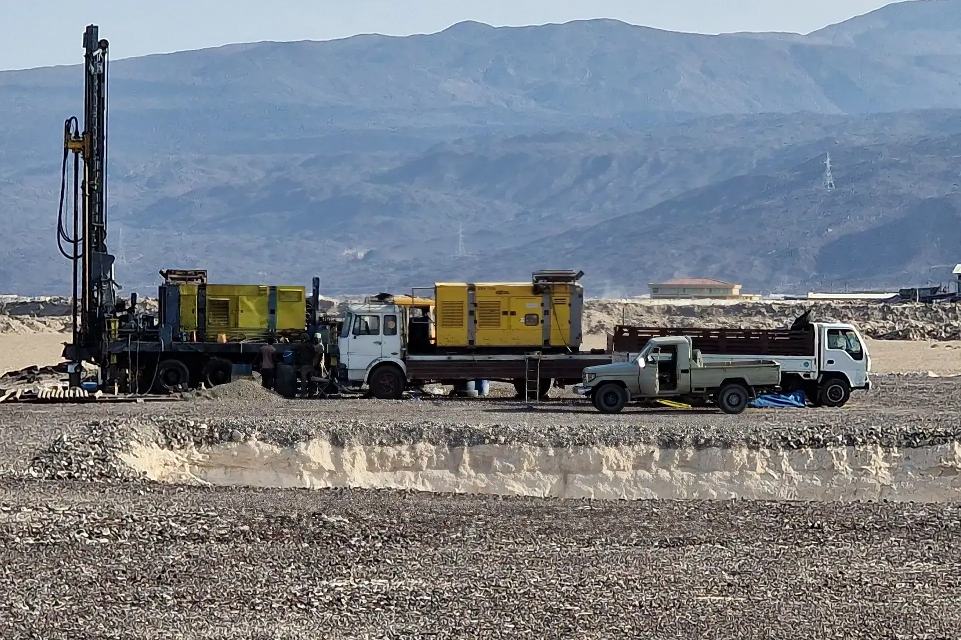 Liyat drilling rig, compressors and support trucks on site in the Afar region